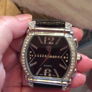 Black Leather Quartz watch with diamond simulants